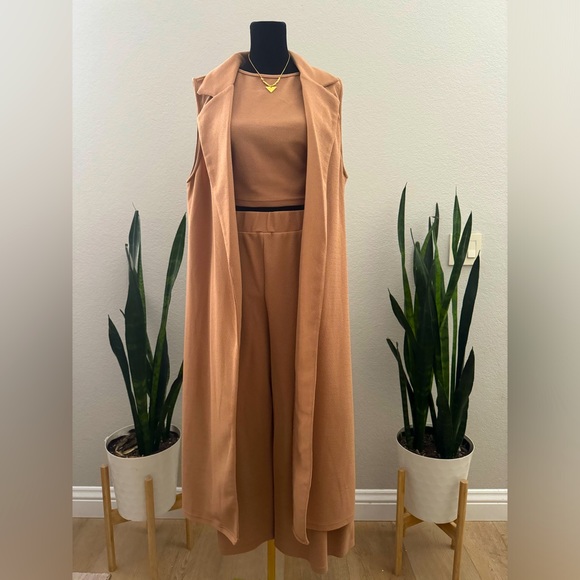 NOTCH COLLAR VEST COAT & SOLID TANK TOP & PALAZZO‎ PANTS SET - Picture 3 of 12